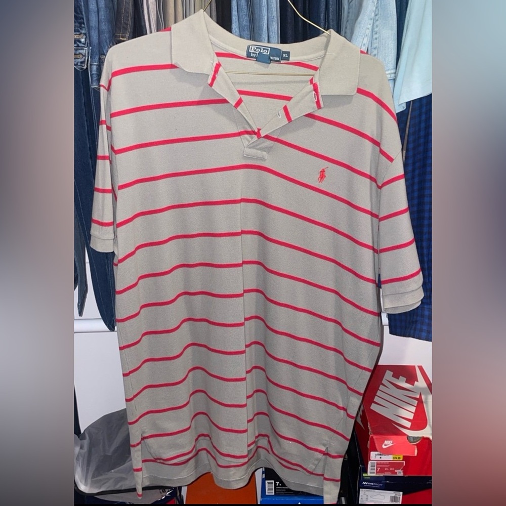 Ralph Lauren Gray and Red Polo Shirt with Classic Stripes
